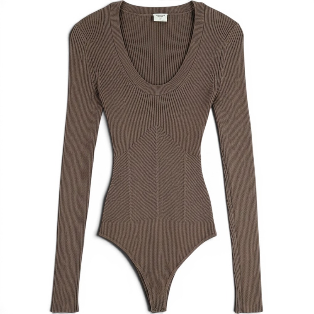 Abercrombie & Fitch Brown Ribbed Knit SOFT Long Sleeve Scoop Neck Bodysuit Small